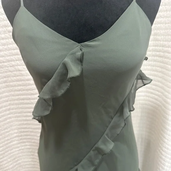 Birdy Grey Olive Green Chiffon Valentina Dress V Neck Maxi Bridesmaid MSRP $125 - Picture 2 of 5